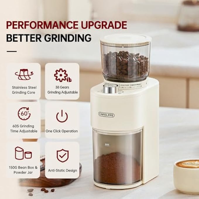 كافلف مطحنة القهوة المخروطية Mk302 38 إعدادات دقيقة للطحن أوتوماتيكية كهربائية من الفولاذ المقاوم للصدأ للمنزل. تشغيل OneTouch مع مؤقت 60S - Image 5