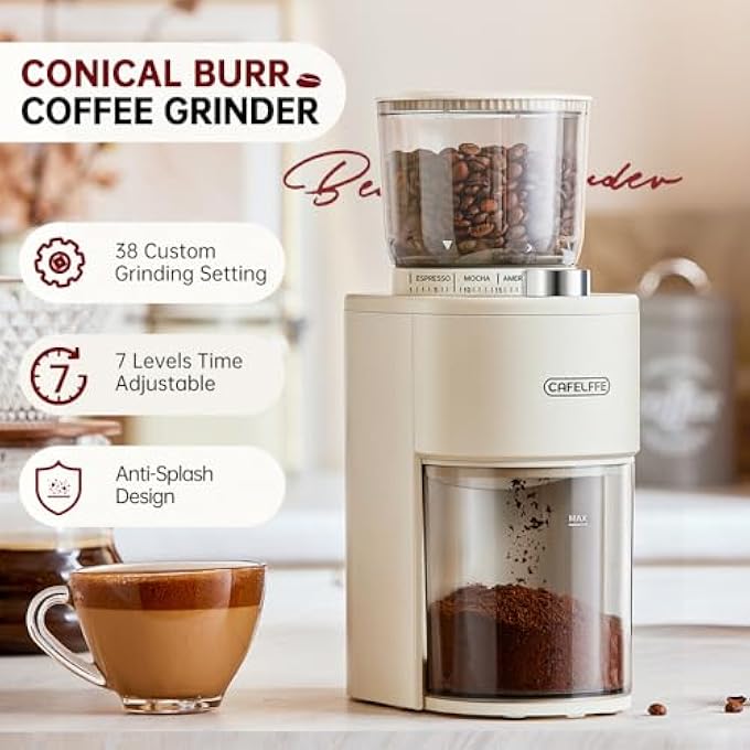 كافلف مطحنة القهوة المخروطية Mk302 38 إعدادات دقيقة للطحن أوتوماتيكية كهربائية من الفولاذ المقاوم للصدأ للمنزل. تشغيل OneTouch مع مؤقت 60S - Image 4