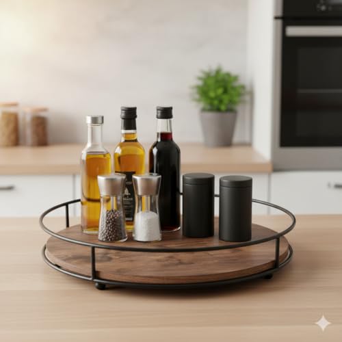 SOLAZA® Solid Hard Wood Lazy Susan in Teak Finish Kitchen Turntable for Dining Tables and Cabinet Storage 12 Inch - Image 1