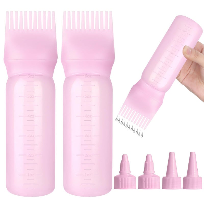 FXSPLCZ 2 Pack Root Comb Applicator Bottle Hair Oil Applicator Hair Color Bottle with 4 Caps for Women Scalp Hair Dye Tools, Pink - Image 1