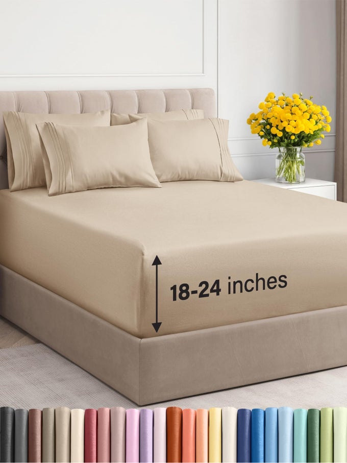 EXTRA DEEP CAL KING SHEET SET 6 PIECE BREATHABLE COOLING SHEETS HOTEL LUXURY BEDDING SET W1824 INCH EXTRA DEEP POCKETS EASY FIT SUPER SOFT WRINKLE FREE AND COMFY CREAM CAL KING SIZE