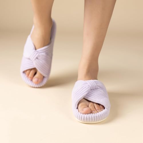 Chantomoo Slippers for Women Memory Foam House Bedroom Corduroy Bow Crossbands Slipper Shoes Comfy Trendy Gift Slippers Light Purple Size 5 6 5.5 - Image 2