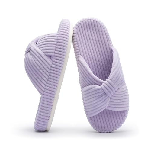 Chantomoo Slippers for Women Memory Foam House Bedroom Corduroy Bow Crossbands Slipper Shoes Comfy Trendy Gift Slippers Light Purple Size 5 6 5.5 - Image 1
