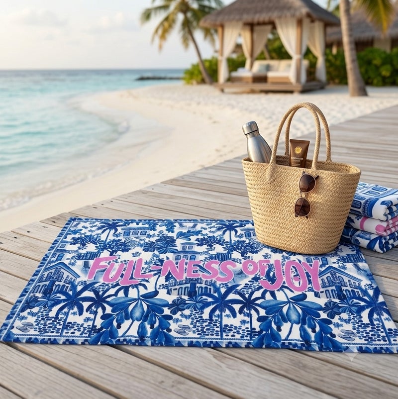 Beach Towel – Tree Print – White & Blue – 140 × 70 cm - Image 1