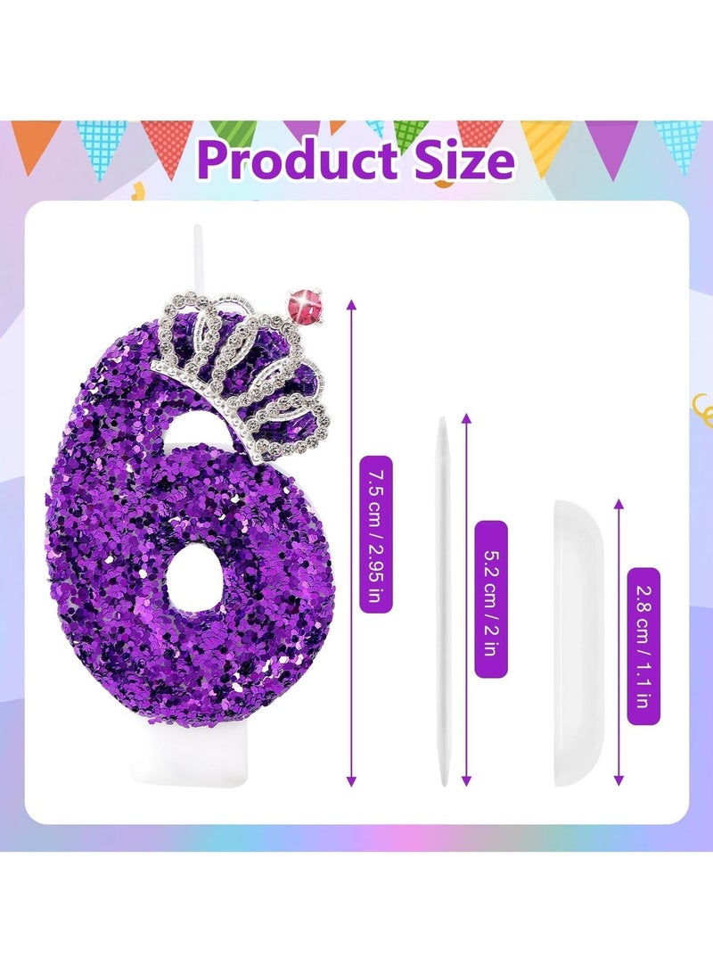 LAMAY Birthday Number Candles,Purple Crown Birthday Candles for Cake,Glitter Number 6 Candle Cake Topper with Sequins for Anniversary Celebrations Supplies (Number 6) - Image 2
