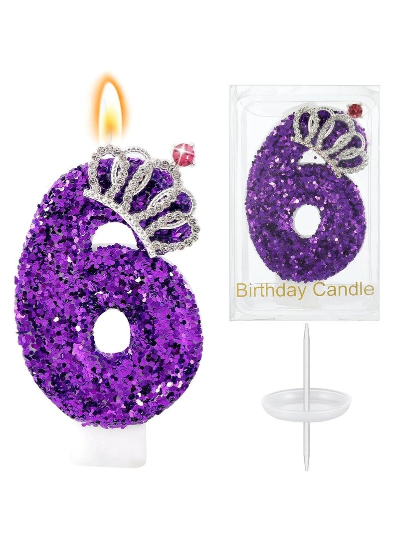 LAMAY Birthday Number Candles,Purple Crown Birthday Candles for Cake,Glitter Number 6 Candle Cake Topper with Sequins for Anniversary Celebrations Supplies (Number 6) - Image 1