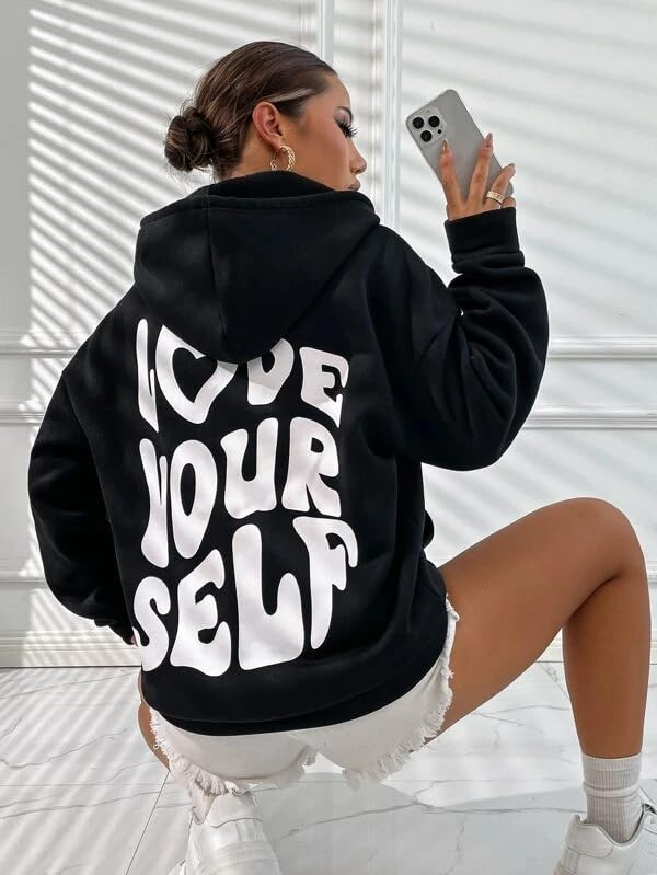 THALASI Women Back Printed Oversized Black High Neck Regular Fit Sweatshirts with Hoodies - Cotton Winter Hoodies with Stylish Chest Pocket and Aesthetic Vibes & Full Sleeve Winter Wear Large - Image 4