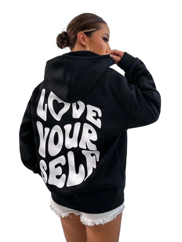 THALASI Women Back Printed Oversized Black High Neck Regular Fit Sweatshirts with Hoodies - Cotton Winter Hoodies with Stylish Chest Pocket and Aesthetic Vibes & Full Sleeve Winter Wear Large - Image 1