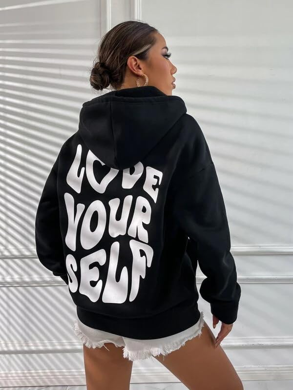 THALASI Women Back Printed Oversized Black High Neck Regular Fit Sweatshirts with Hoodies - Cotton Winter Hoodies with Stylish Chest Pocket and Aesthetic Vibes & Full Sleeve Winter Wear Large - Image 2