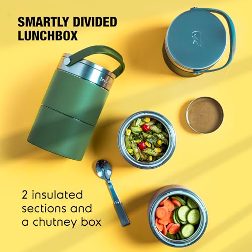 Headway ZAO Insulated Heavy Duty Lunchbox-2 Year Warranty Double Wall Insulated-Matte Green 750 ML | Free Foldable Stainless Steel Spoon | Pickle Box | Hot for 6 hrs & Cold for 8 hrs - Image 2