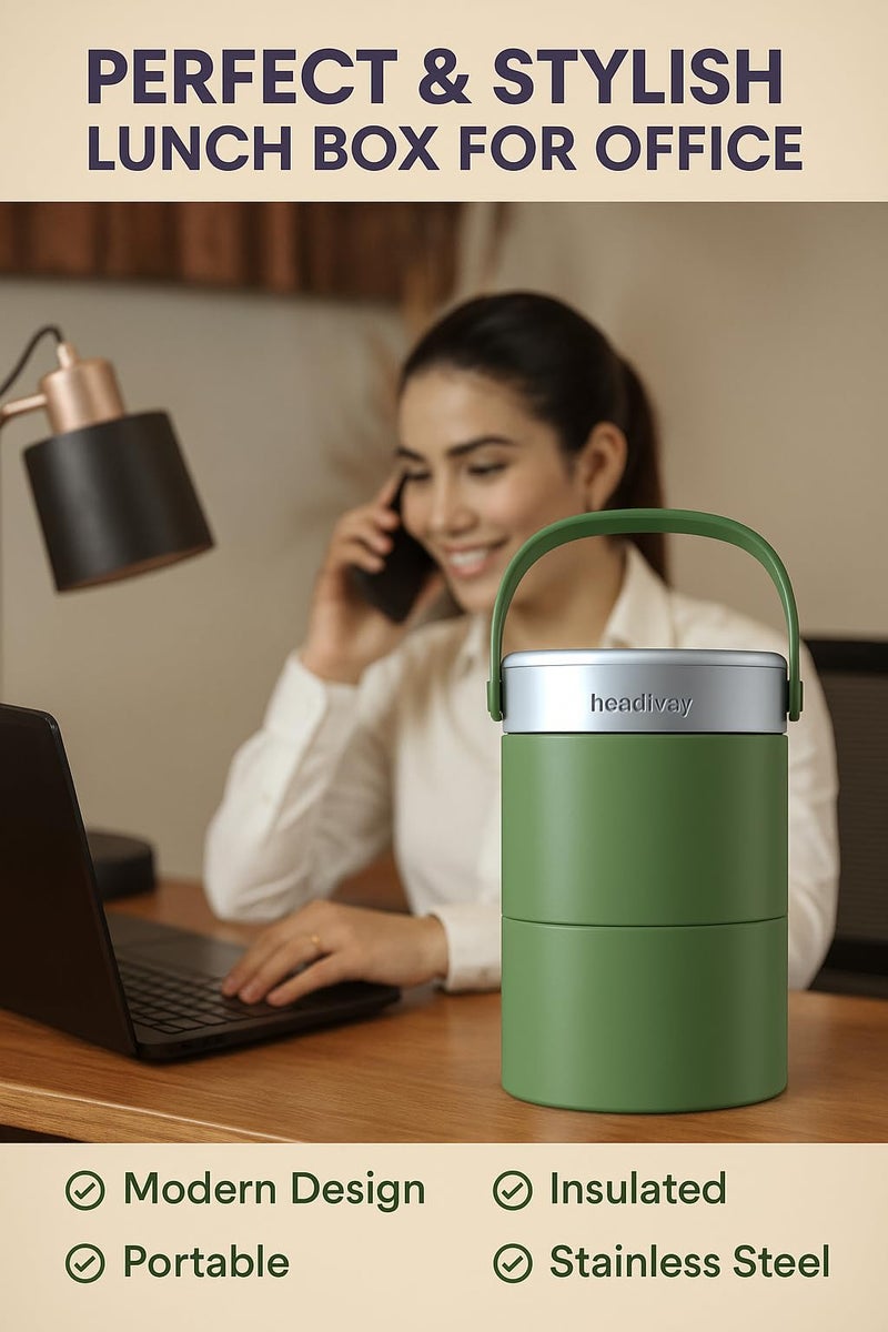 Headway ZAO Insulated Heavy Duty Lunchbox-2 Year Warranty Double Wall Insulated-Matte Green 750 ML | Free Foldable Stainless Steel Spoon | Pickle Box | Hot for 6 hrs & Cold for 8 hrs - Image 4
