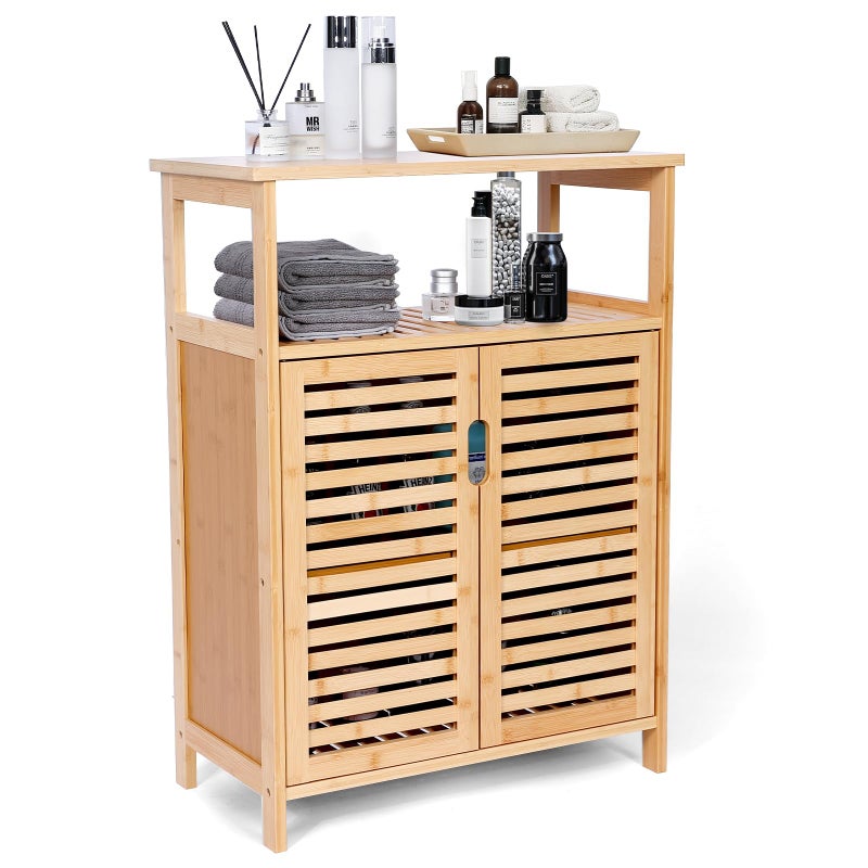 Bambition Bamboo Storage Cabinet with Doors, Floor Freestanding Cabinet with Shelves for Bathroom, Kitchen, Living Room - Image 1