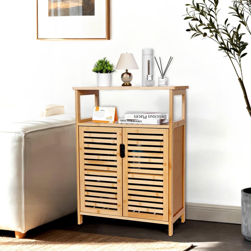Bambition Bamboo Storage Cabinet with Doors, Floor Freestanding Cabinet with Shelves for Bathroom, Kitchen, Living Room - Image 4