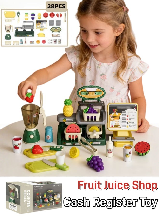 Aimayapet Cash Register Playset Toy Kids Pretend Play Fruit Juice Shop Cash Register Toy 28PCS Pretend Play Store with Simulated Juicer Machine Basket Fruit Cutting Toy Play Food for Boys & Girls Birthday Gift Toys - Image 1