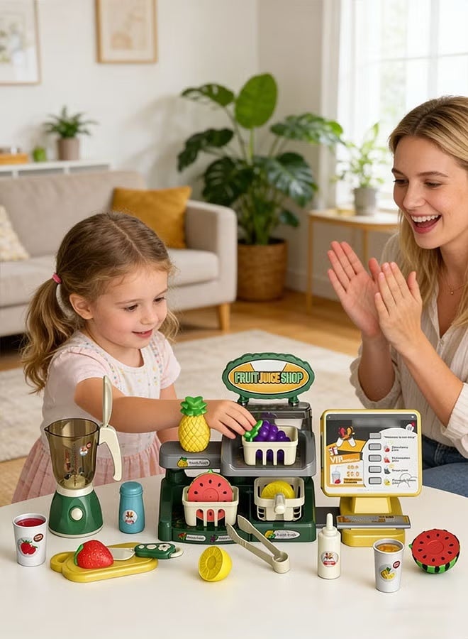 Aimayapet Cash Register Playset Toy Kids Pretend Play Fruit Juice Shop Cash Register Toy 28PCS Pretend Play Store with Simulated Juicer Machine Basket Fruit Cutting Toy Play Food for Boys & Girls Birthday Gift Toys - Image 3