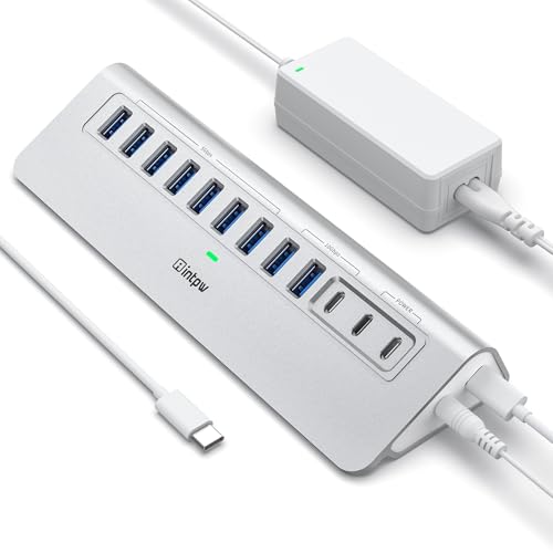 intpw Powered USB Hub 10Gbps, intpw YH9AC 12 Port USB C Hub with 10Gbps USB C 3.2+2 USB A 3.2, 7 USB 3.0, 2 PD 45W Charging Port, 65W Power Adapter + 3.3FT Cable, Aluminum USB Hub for Laptop/iPhone 17/16/PC - Image 1