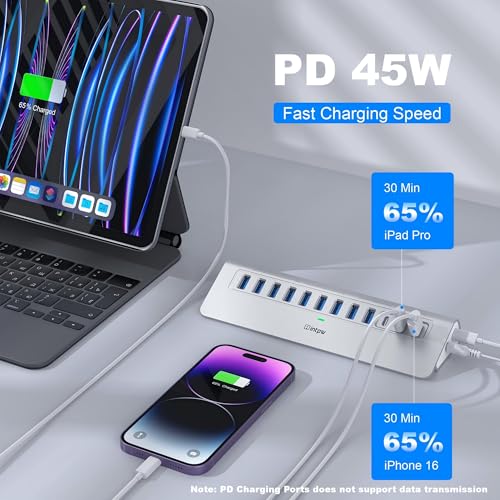 intpw Powered USB Hub 10Gbps, intpw YH9AC 12 Port USB C Hub with 10Gbps USB C 3.2+2 USB A 3.2, 7 USB 3.0, 2 PD 45W Charging Port, 65W Power Adapter + 3.3FT Cable, Aluminum USB Hub for Laptop/iPhone 17/16/PC - Image 4