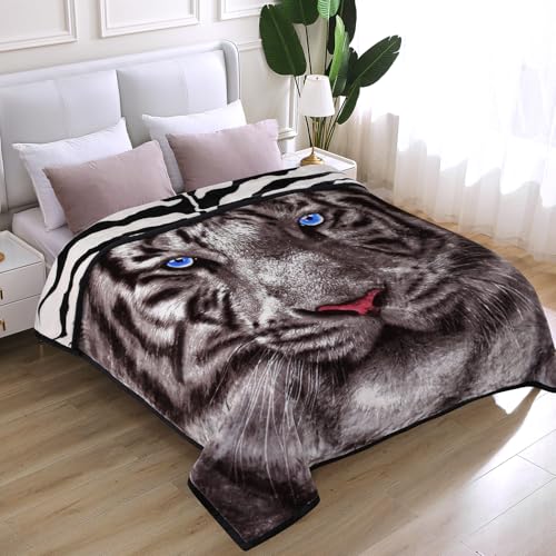 JYK Soft Fleece Bed Blanket King Size 5.7 LB, Korean Style 2 Ply Reversible Fluffy Flannel Blanket Microfiber, Warm Cozy Blanket for Autumn, Winter 83x91 Inches - Black White Tiger/Tiger Stripes - Image 1