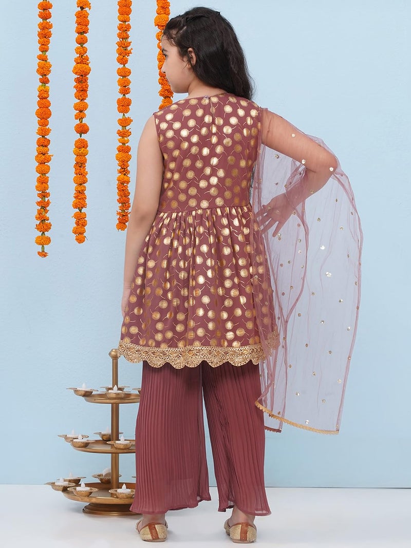 AJ DEZINES Kids Ethnic Wear Motif Foil Printed Frock Style Pink Salwar Suit Set For Girls With Dupatta (G-1153-PINK-24) - Image 2