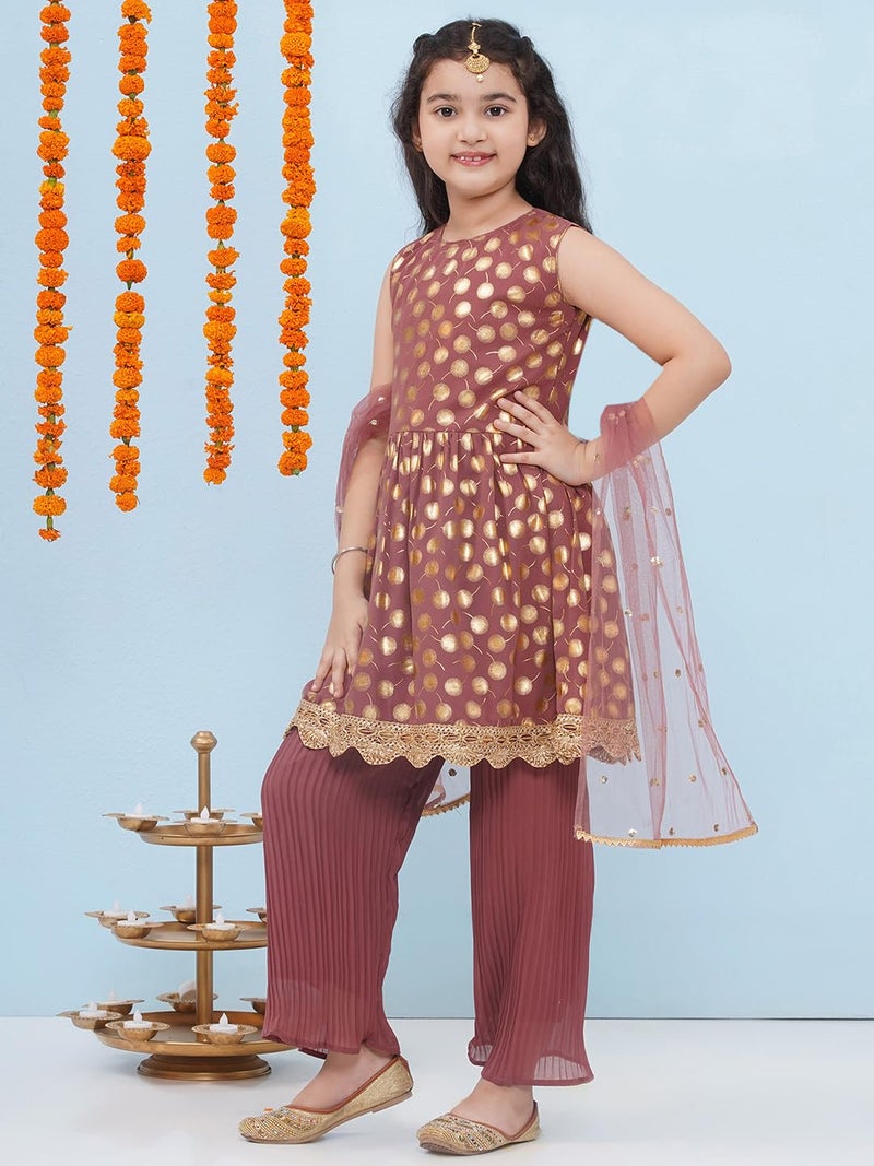 AJ DEZINES Kids Ethnic Wear Motif Foil Printed Frock Style Pink Salwar Suit Set For Girls With Dupatta (G-1153-PINK-24) - Image 4