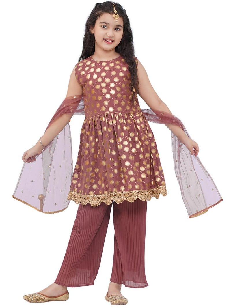 AJ DEZINES Kids Ethnic Wear Motif Foil Printed Frock Style Pink Salwar Suit Set For Girls With Dupatta (G-1153-PINK-24) - Image 1