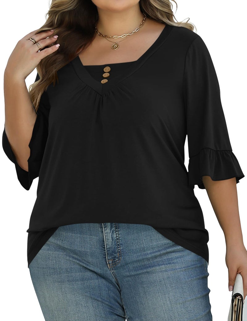 TFSDOD Women's Plus Size 3/4 Length Sleeve Shirts V Neck Dressy Casual Shirts Loose Fit Spring Tops Black 3XL - Image 3