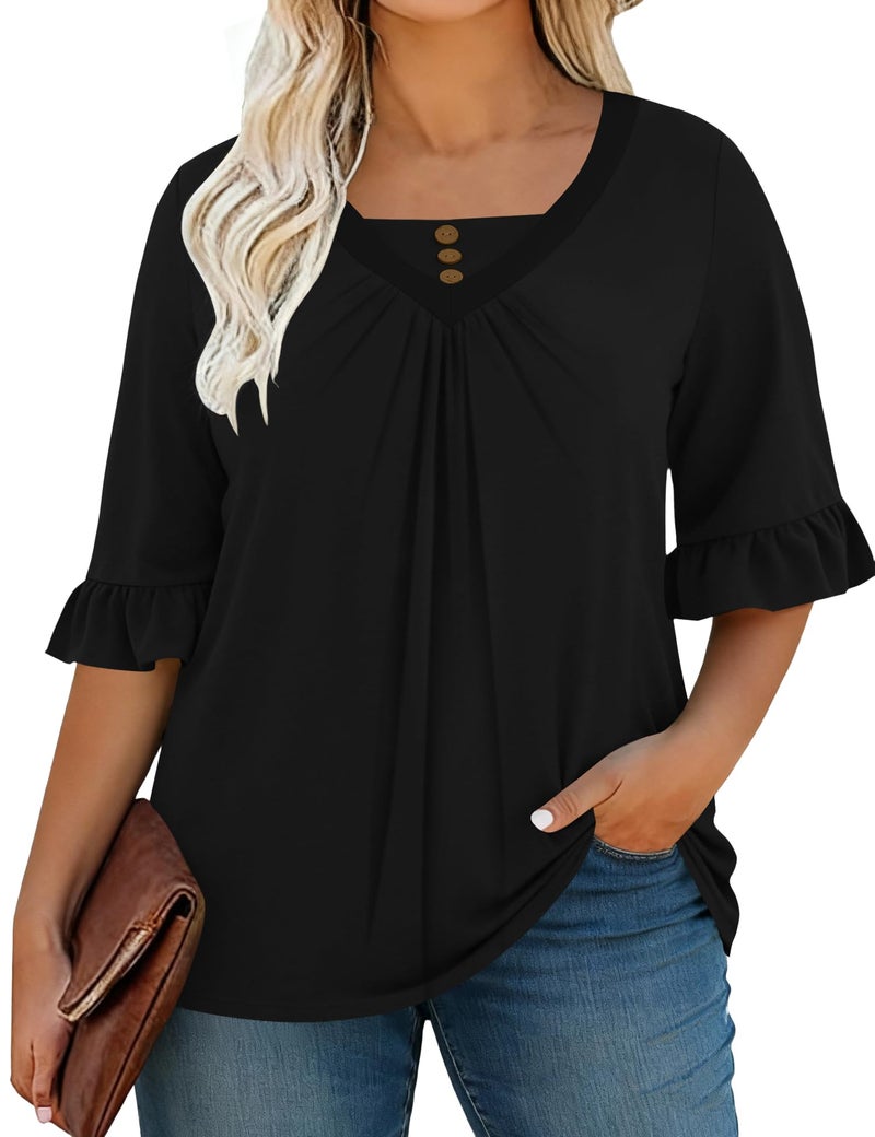 TFSDOD Women's Plus Size 3/4 Length Sleeve Shirts V Neck Dressy Casual Shirts Loose Fit Spring Tops Black 3XL - Image 2