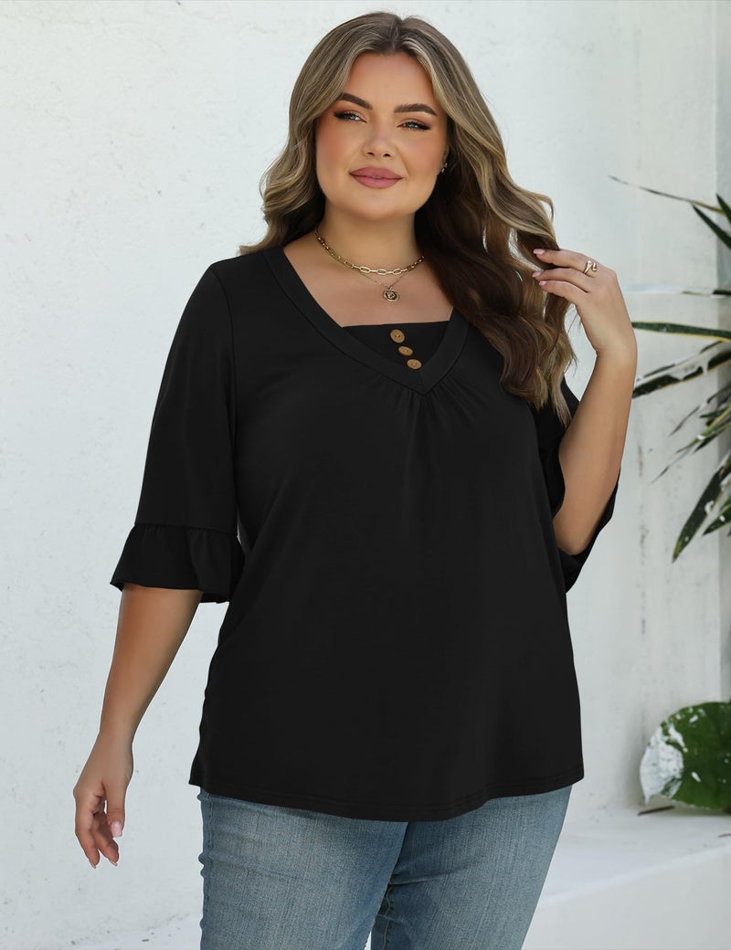 TFSDOD Women's Plus Size 3/4 Length Sleeve Shirts V Neck Dressy Casual Shirts Loose Fit Spring Tops Black 3XL - Image 4