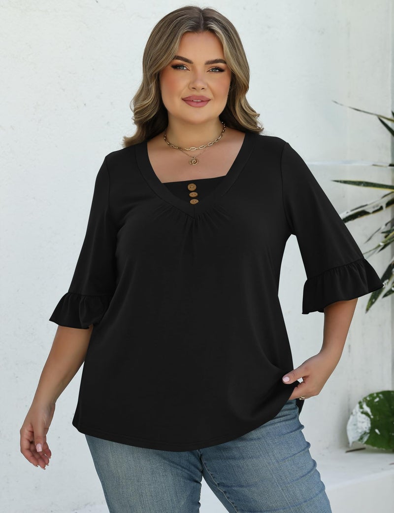 TFSDOD Women's Plus Size 3/4 Length Sleeve Shirts V Neck Dressy Casual Shirts Loose Fit Spring Tops Black 3XL - Image 5