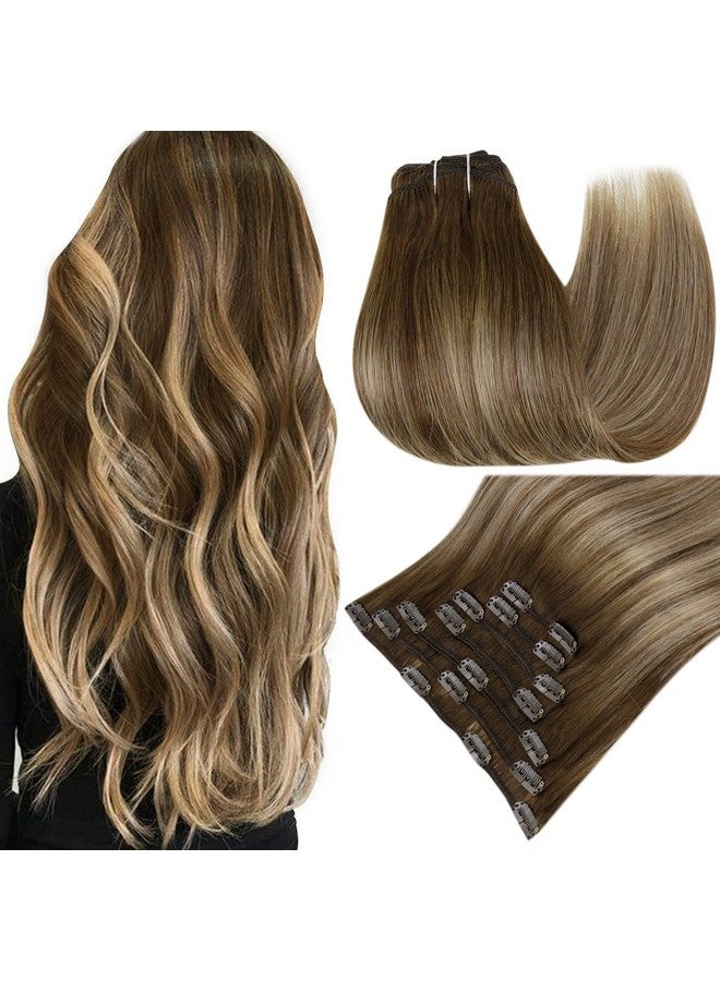 Easyouth Clip In Hair Extensions Real Human Hair Balayage Brown To Caramel Blonde Mix Brown Human Hair Clip In Extensions Lace Double Weft Brown Hair Extensions Clip Ins 14Inch 7Pcs 70G - Image 1