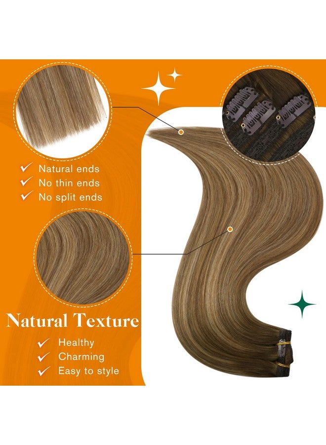 Easyouth Clip In Hair Extensions Real Human Hair Balayage Brown To Caramel Blonde Mix Brown Human Hair Clip In Extensions Lace Double Weft Brown Hair Extensions Clip Ins 14Inch 7Pcs 70G - Image 4