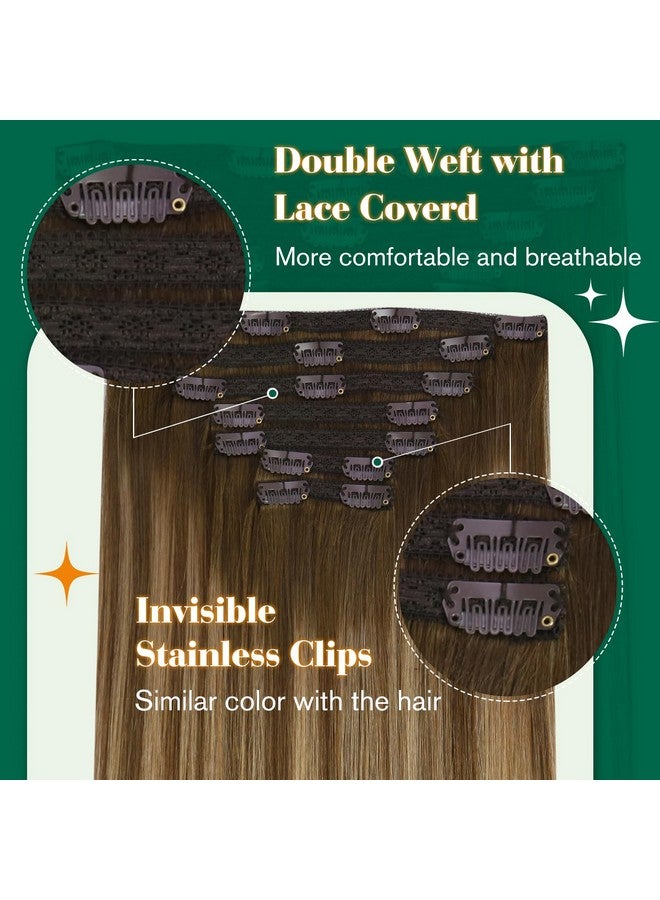 Easyouth Clip In Hair Extensions Real Human Hair Balayage Brown To Caramel Blonde Mix Brown Human Hair Clip In Extensions Lace Double Weft Brown Hair Extensions Clip Ins 14Inch 7Pcs 70G - Image 2