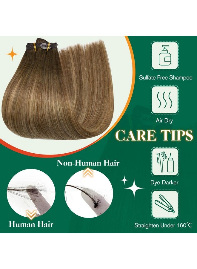 Easyouth Clip In Hair Extensions Real Human Hair Balayage Brown To Caramel Blonde Mix Brown Human Hair Clip In Extensions Lace Double Weft Brown Hair Extensions Clip Ins 14Inch 7Pcs 70G - Image 5