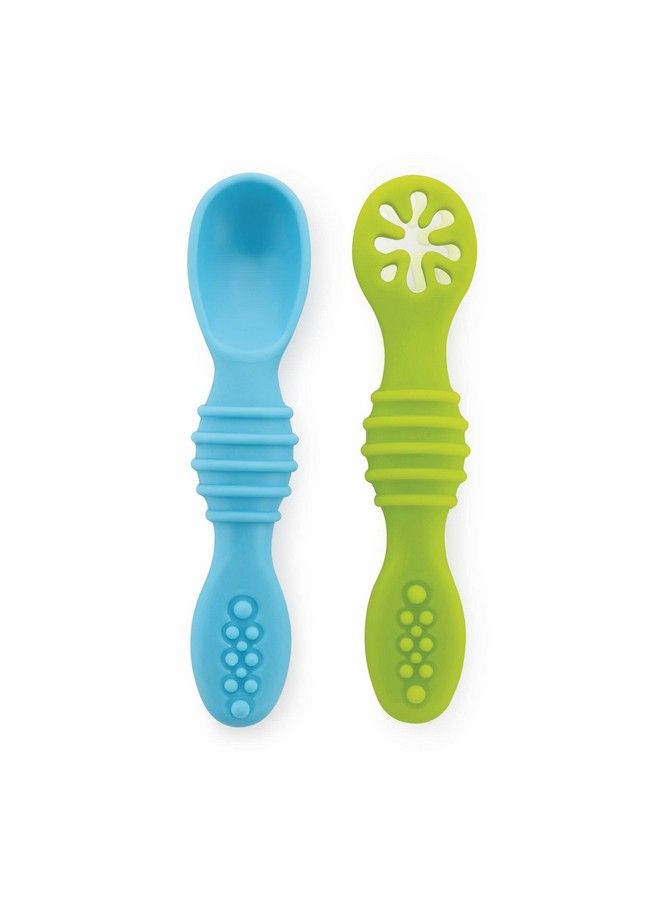 Beebaby Smushy First Stage Silicone Spoon For Feeding Baby Dip Spoon For Baby Led Weaning. 100% Bpa Free. 6 Months + Pack Of 2 (Blue_Green) - Image 1