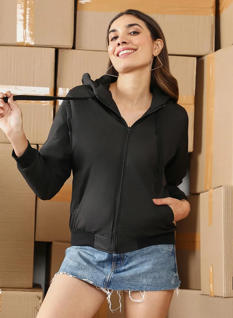 Campus Sutra Women's Onyx Black Zip-Front Bomber Jacket