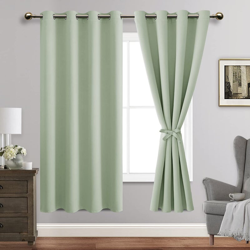 JIUZHEN Light Green Blackout Curtains with Tiebacks-Thermal Insulated  Light Blocking and Noise Reducing Grommet Curtain Drapes for Bedroom and Living Room  Set of 2 Curtain Panels  52x63 Inch Length - Image 1