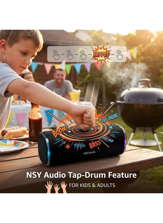 NSY Audio Bluetooth Speaker, IPX7 Waterproof, Tap-to-Play Drums, 25H Playtime, Super Bass, LED Lights,TWS Pairing – Portable Wireless Speaker for Kids, Outdoor, Travel, Party, Gift (Blue) - Image 3
