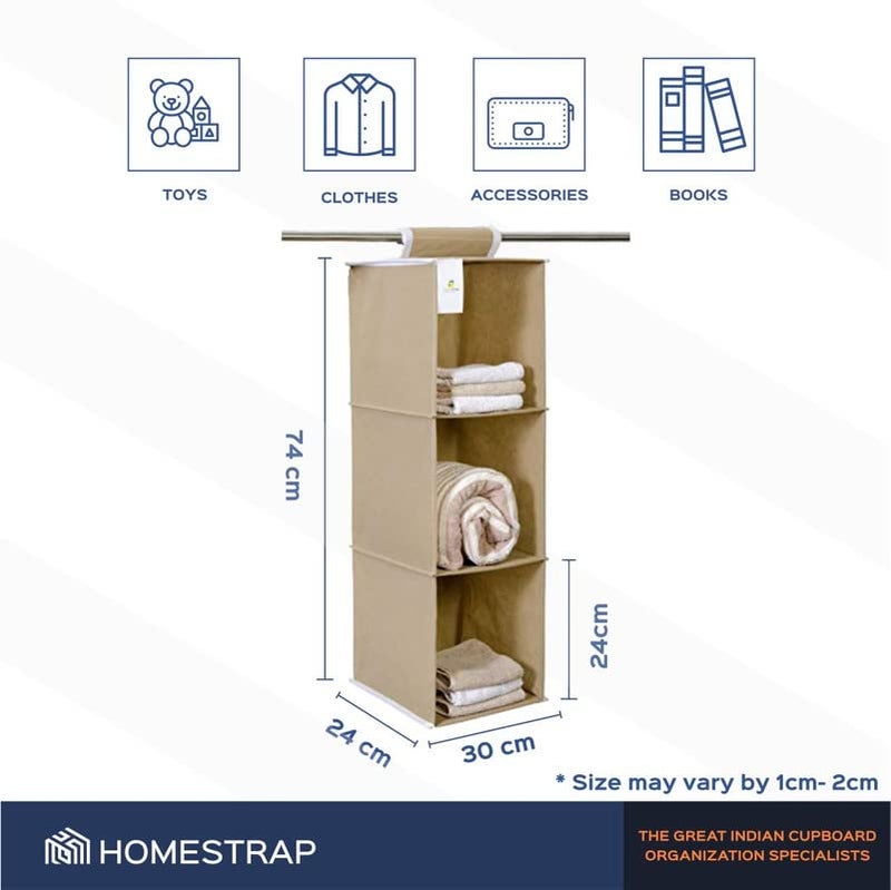 Homestrap Non Woven Hanging 3 Shelves WardrobeCloset Cloth Organizer BeigePack of 2Shark Tank Product - Image 3