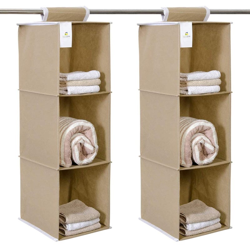 Homestrap Non Woven Hanging 3 Shelves WardrobeCloset Cloth Organizer BeigePack of 2Shark Tank Product - Image 1