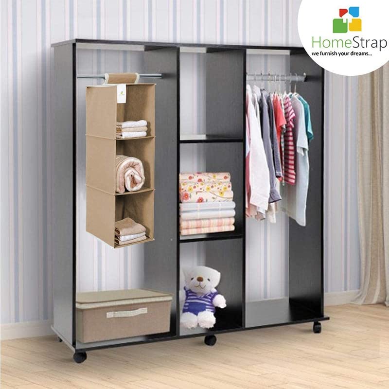 Homestrap Non Woven Hanging 3 Shelves WardrobeCloset Cloth Organizer BeigePack of 2Shark Tank Product - Image 2