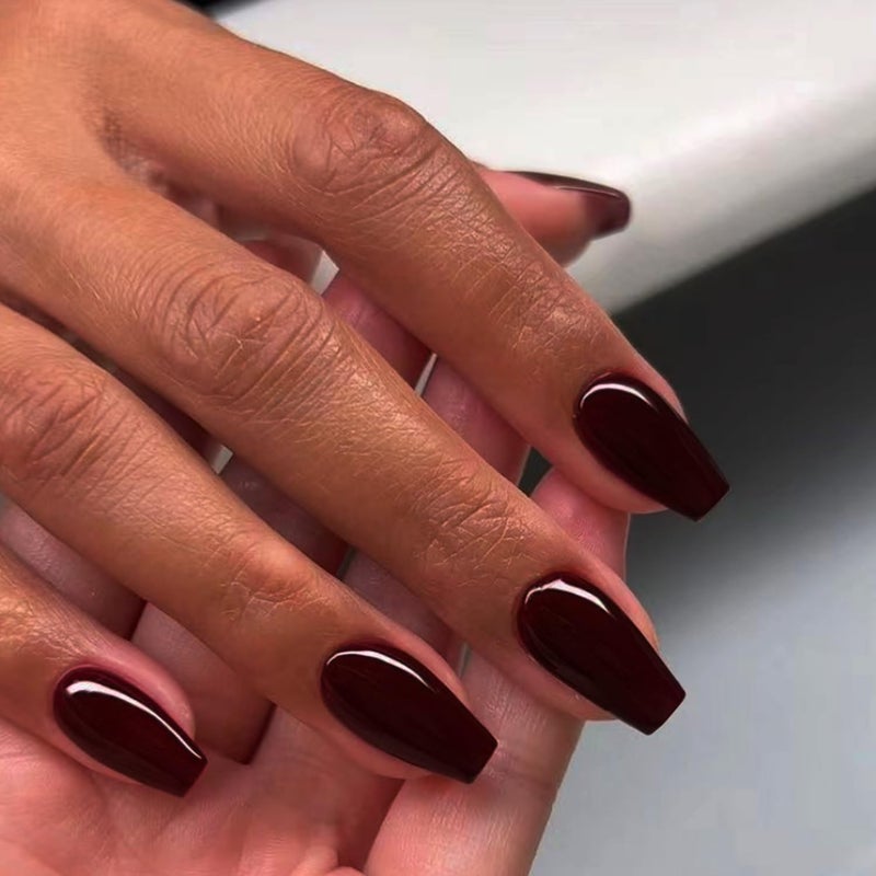 XCREANDO Burgundy Red Short Coffin Press on Nails Medium Coffin Nails Press ons, Dark Red Glue on Short Fake Nails for Women Ballerina Acrylic False Nail Handmade Medium Square Gel Nails - Image 3