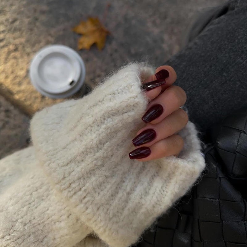 XCREANDO Burgundy Red Short Coffin Press on Nails Medium Coffin Nails Press ons, Dark Red Glue on Short Fake Nails for Women Ballerina Acrylic False Nail Handmade Medium Square Gel Nails - Image 2