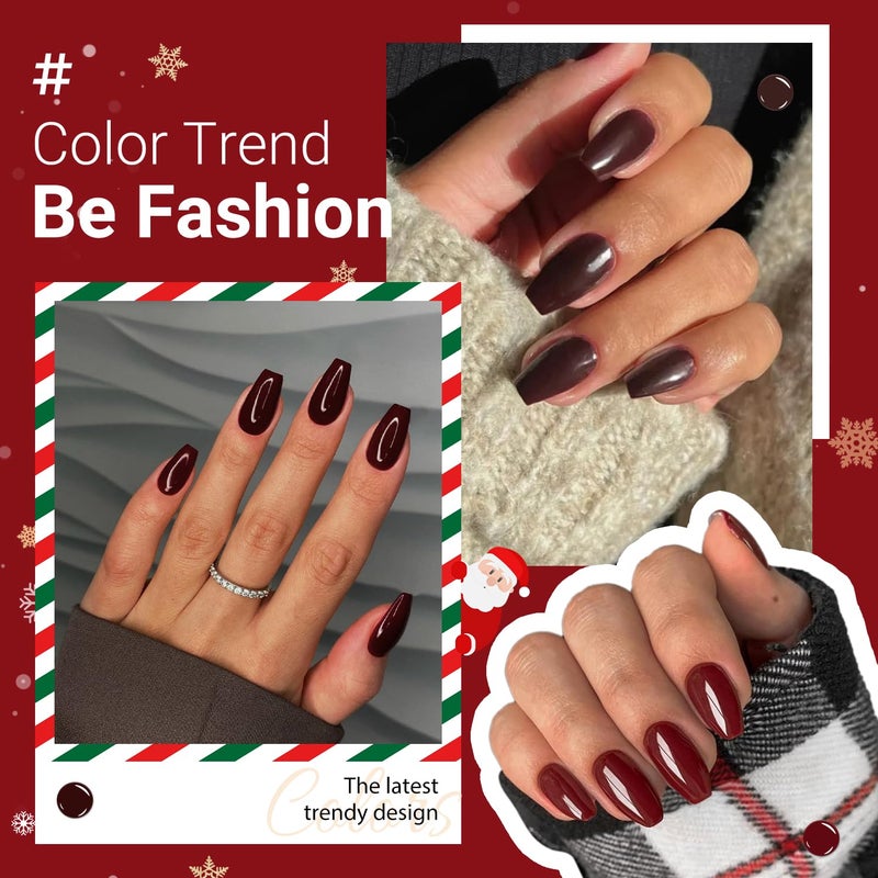 XCREANDO Burgundy Red Short Coffin Press on Nails Medium Coffin Nails Press ons, Dark Red Glue on Short Fake Nails for Women Ballerina Acrylic False Nail Handmade Medium Square Gel Nails - Image 5