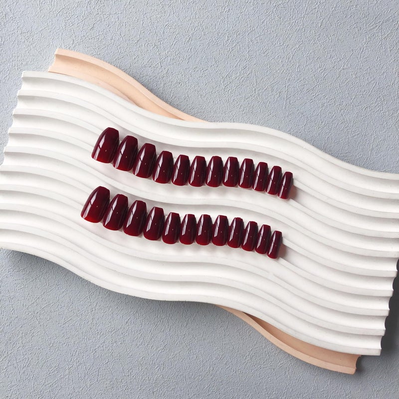 XCREANDO Burgundy Red Short Coffin Press on Nails Medium Coffin Nails Press ons, Dark Red Glue on Short Fake Nails for Women Ballerina Acrylic False Nail Handmade Medium Square Gel Nails - Image 4
