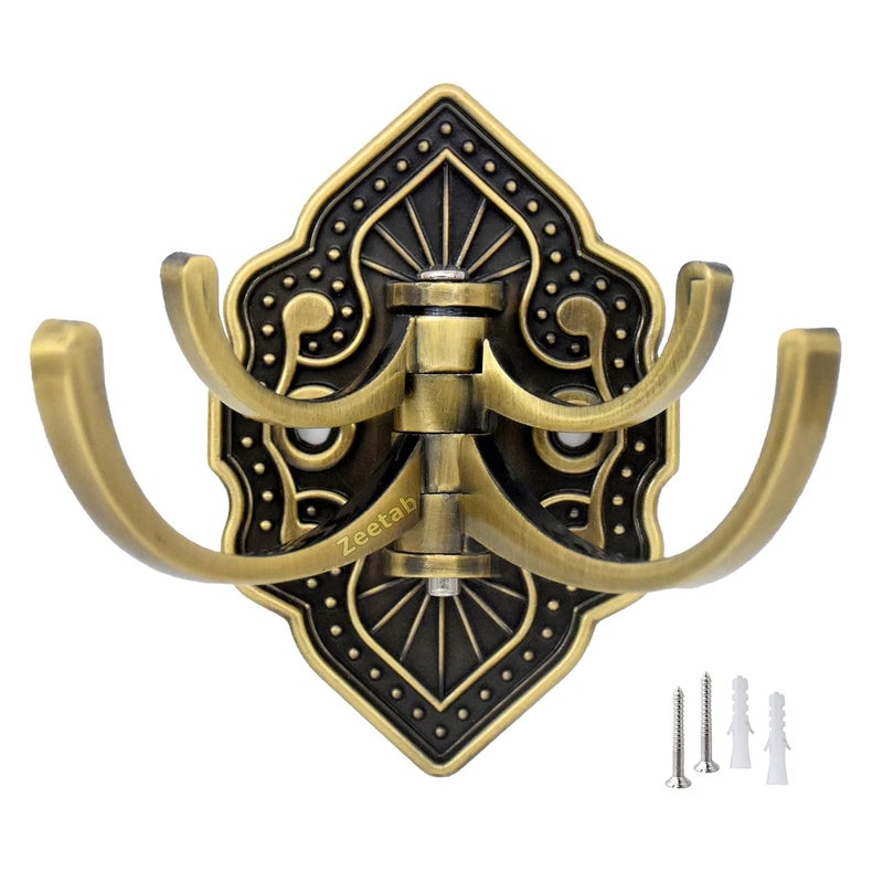Zeetab Adjustable Cloth Hanger with 4 Hook Royal Wall Mount Brass Key Holder Antique Metal Rail Robe for Bathroom Towel Pack of 1 Flower Antique - Image 1