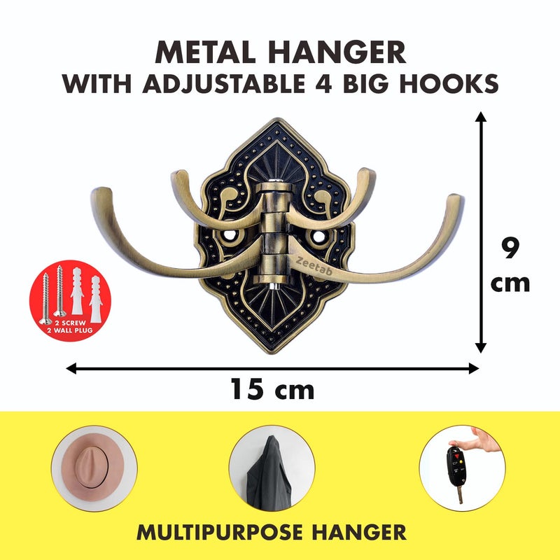Zeetab Adjustable Cloth Hanger with 4 Hook Royal Wall Mount Brass Key Holder Antique Metal Rail Robe for Bathroom Towel Pack of 1 Flower Antique - Image 2
