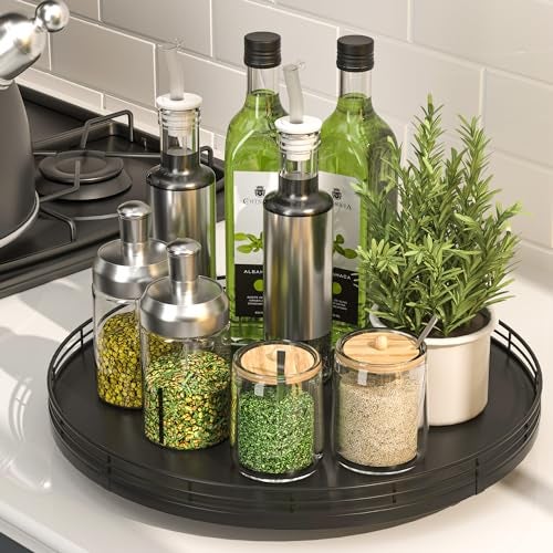 Oroyutor 13" Oak Wood Lazy Susan Organizer, Lazy Susan for Cabinet Dining Table Pantry Wood Turntable Organizer Tray for Coffee Table Kitchen Countertop Salt Pepper Spice Organization and Storage Round Black - Image 1