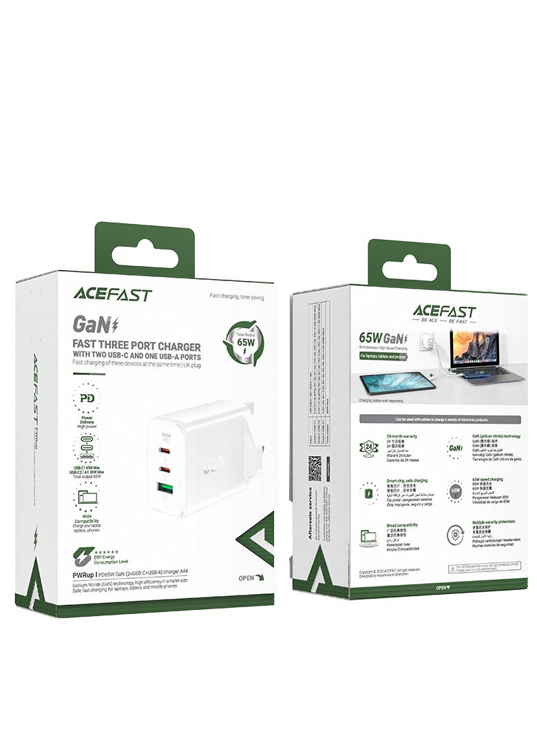 ACEFAST - GAN FAST THREE PORT CHARGER WITH TWO USB-C AND ONE USB-A PORTS FAST CHARGING OF THREE DEVICES AT THE SAME TIME UK PLUG - Image 1