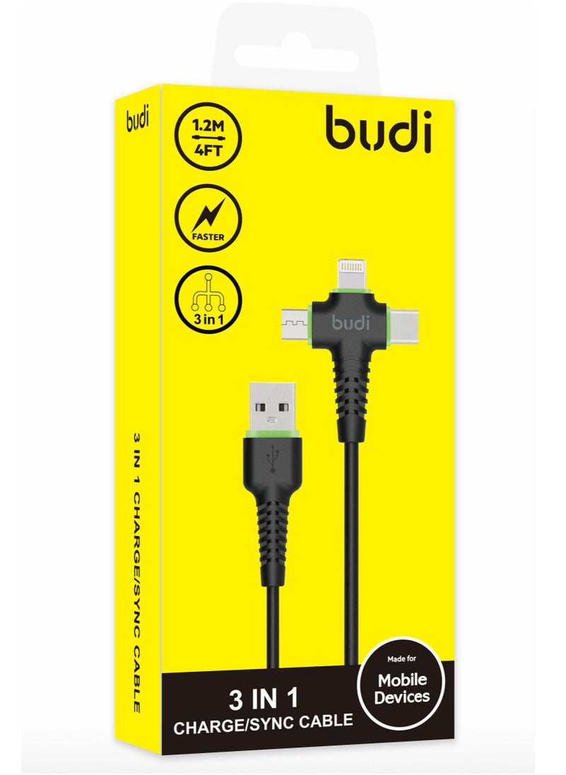 budi 3 in 1 Charge Sync USB Cable for iPhone, Micro-USB, Type-C, 150+  - Image 2