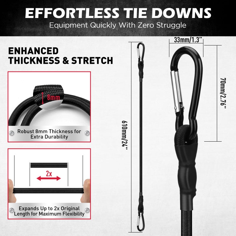 SEDY 5-Piece 24 Inch Bungee Cords with Carabiner Hooks, Heavy Duty Rubber Elastic Tie Down Straps, Bungee Cord with Carabiner Clips for Cargo, Truck Bed, Camping, Motorcycle and Outdoor Use (Black) - Image 2